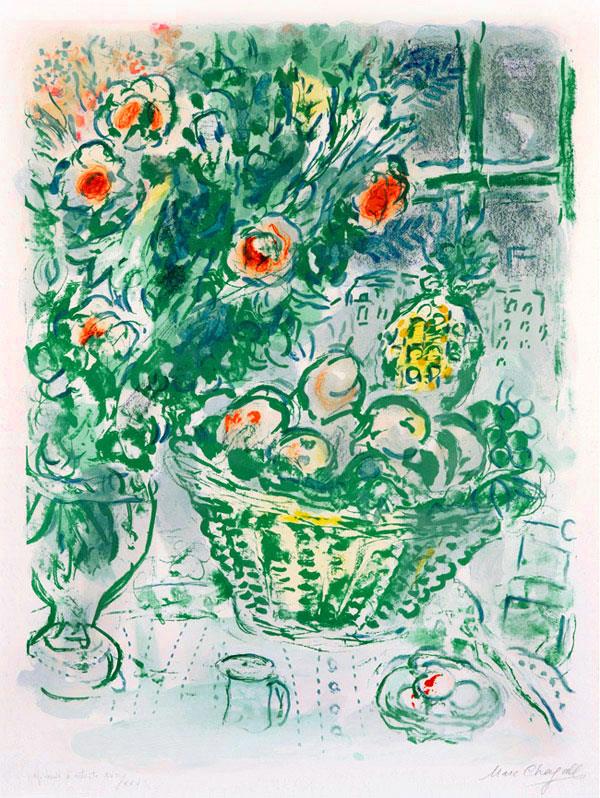 Cesta de frutas y piñas litografía en color contemporánea Marc Chagall Pintura al óleo